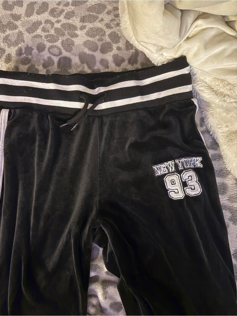 Rue21 Black Velour Sweatpants with White Stripe and 'New York 93' Patch